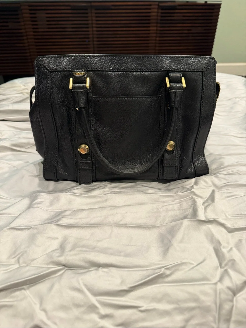 Michael Kors Black Leather Satchel with Gold Hardware and MK Charm